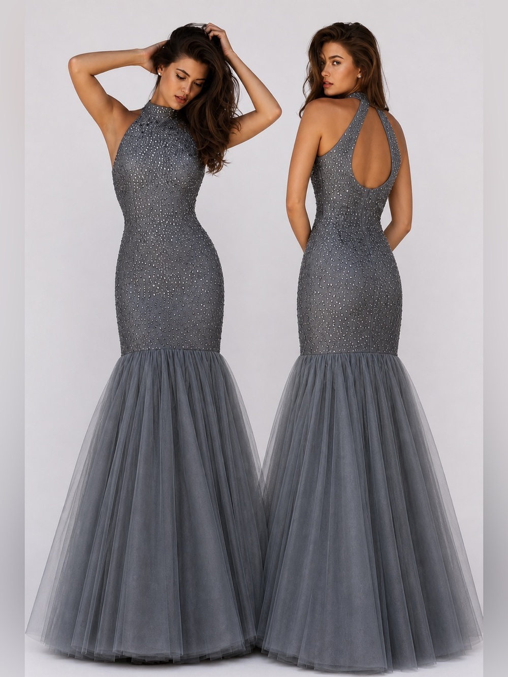 Sherri Hill Gun Metal Halter Gown Mermaid Trumpet Formal Gown Excellent Size 4